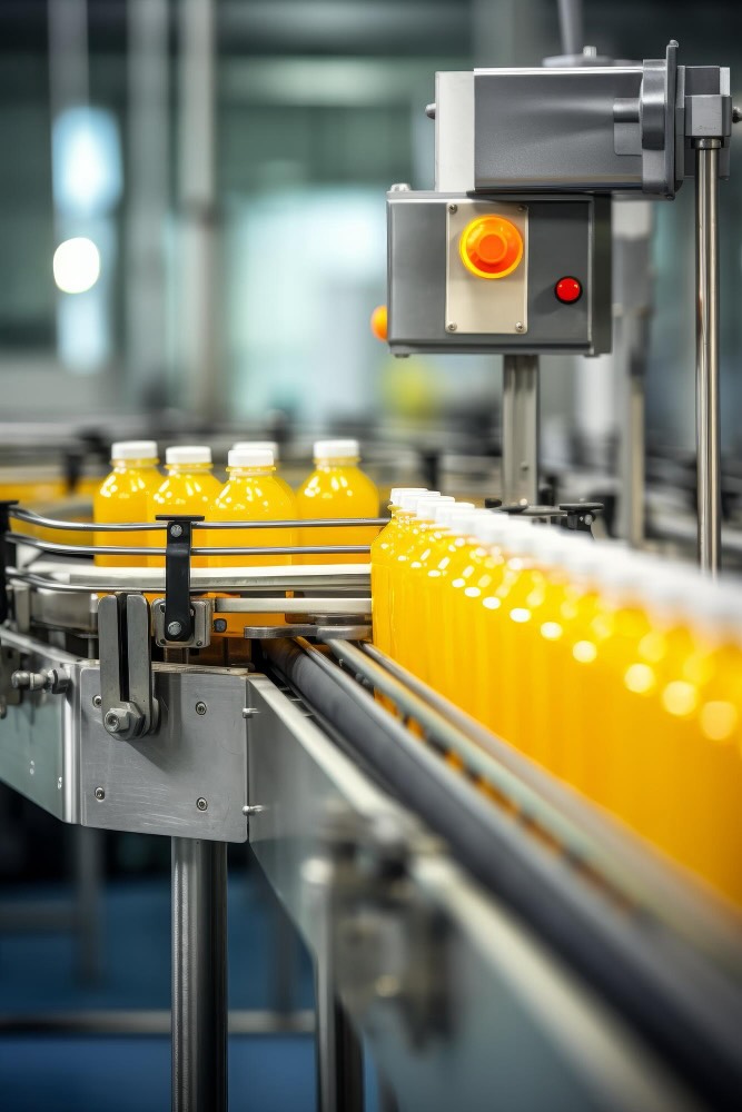 Juice factory with bottles on conveyor and pneumatic stop valve